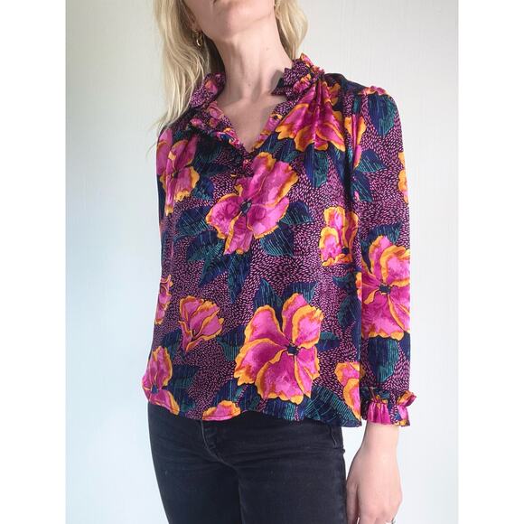 WARM Pink Floral Print Oversized Silk Blouse US Small - Picture 3 of 16